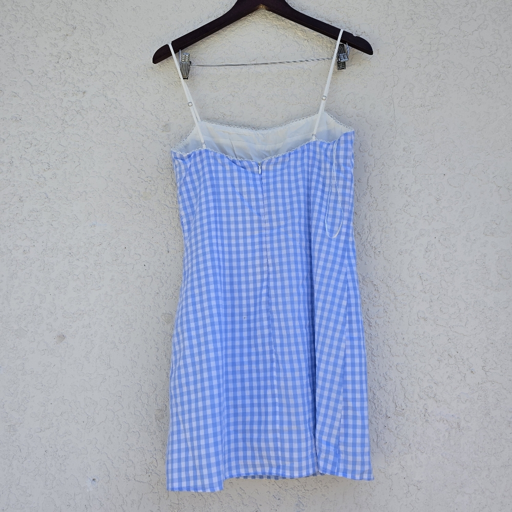 Nia Blue Gingham Serrano Mini Dress Lace Trim Cottagecore Size M - Picture 4 of 8